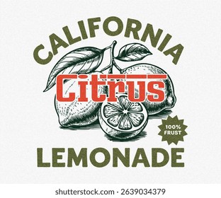 Summer food poster design. California Lemonade graphics. Fresh lemon fruit print. Fruits of the spirit. Organic food artwork for for t shirt and poster. girls graphic tee. vintage retro fruit prints