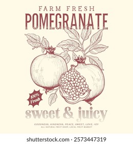 Summer food poster design. Fresh pomegranate fruit print. food fashion for t-shirt, sweatshirt print design, women's graphic tee , vintage retro fruit design, summer fruity vintage t shirt design