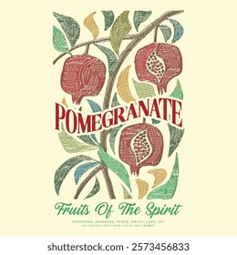 Summer food poster design. Fresh pomegranate fruit print. food fashion for t-shirt, sweatshirt print design, women's graphic tee , vintage retro fruit design, summer fruity vintage t shirt design