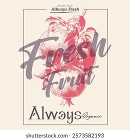 Summer food poster design. Fresh pomegranate fruit print. food fashion for t-shirt, sweatshirt print design, women's graphic tee , vintage retro fruit design, summer fruity vintage t shirt design