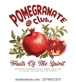 Summer food poster design. Fresh pomegranate fruit print. food fashion for t-shirt, sweatshirt print design, women's graphic tee , vintage retro fruit design, summer fruity vintage t shirt design