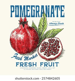 Summer food poster design. Fresh pomegranate fruit print. food fashion for t-shirt, sweatshirt print design, women's graphic tee , vintage retro fruit design, summer fruity vintage t shirt design