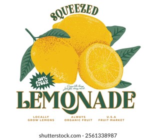 Summer food poster design. Lemon fruit artwork. Fresh lemon fruit print. Lemonade art. Nature fruit club print design. Organic food artwork for for t-shirt. Fruit vintage t-shirt design. Squeezed art.