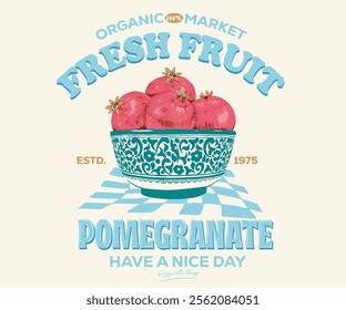 Summer food poster design. Pomegranate fruit artwork. Ceramic bowl. Fresh pomegranate fruit print. Nature watercolor design. Organic food artwork for for t-shirt. Fruit vintage t-shirt design.