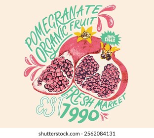 Summer food poster design.  Pomegranate fruit artwork. Fresh pomegranate fruit print. Nature watercolor design. Organic food artwork for for t-shirt. Fruit vintage t-shirt design.