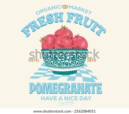 Summer food poster design. Pomegranate fruit artwork. Ceramic bowl. Fresh pomegranate fruit print. Nature watercolor design. Organic food artwork for for t-shirt. Fruit vintage t-shirt design.