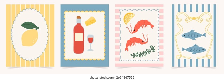 Summer food poster set. Mediterranean cuisine in vintage frames. Hand drawn lemon, wine, shrimps in dolce vita style. Trendy design for cards, print, kitchen, branding.
