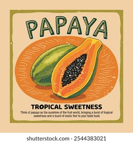 impressões de comida de verão, escrita à mão design de impressão de texto, T gráfica feminina, slogan t-shirt design. Novo design de impressão de papaia. Gráficos de frutas orgânicas para vestuário. Esboço de frutas frescas para moda.