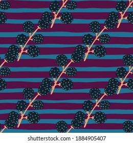 Comida de verano sin fisuras con adorno de arándano dibujado a mano. Fondo a rayas azul y de peinada. Perfecto para el diseño de tela, impresión textil, envoltura, cubierta. Ilustración del vector