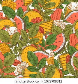 Summer food seamless pattern. Sanwiches, ice cream and fruits. Vector illustration