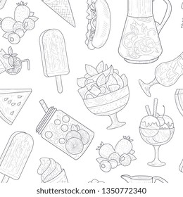 Summer Food Seamless Pattern, Smoothies, Ice Tea, Hot Dog, Watermelon, Ice Cream Monochrome Hand Drawn Vector Illustration