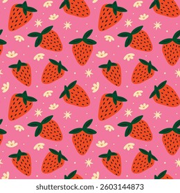 Summer food seamless vector pattern with cute groovy funky cartoon illustration of fruit and flowers, red strawberry on pink background