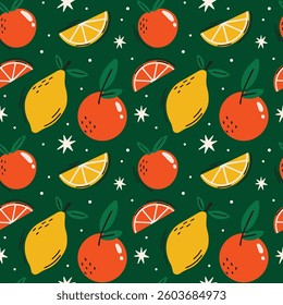 Summer food seamless vector pattern with cute groovy funky cartoon illustration of citrus fruits and leaves, yellow lemon and oranges on green background