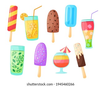 Comida de verano al estilo de las caricaturas. Ilustración vectorial de cócteles y helados. Colección de bebidas y postres de la playa. Aislado sobre fondo blanco
