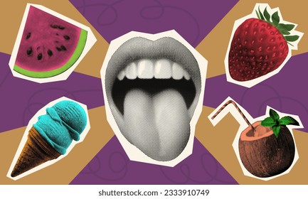 summer food set isolated elements for collage with watermelon strawberry ice cream cocktail with coconut with mouth tongue out retro halftone crazy grunge template design vector illustration