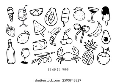 Summer food vector doodles. Dolce Vita vector. Fruits, seafood, ice cream, etc. clipart set