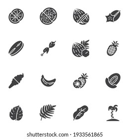 Summer food vector icons set, modern solid symbol collection, filled style pictogram pack. Signs, logo illustration. Set includes icons as fruit and vegetables, pineapple, ice cream, banana, barbecue
