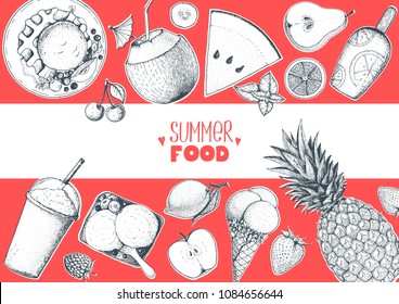 Summer food vector illustration. Beach food sketch. Engraved style image. Menu design template.