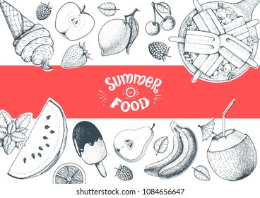 Summer food vector illustration. Beach food sketch. Engraved style image. Menu design template.