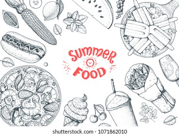 Summer food vector illustration. Variety food sketch collection. Top view engraved illustration.