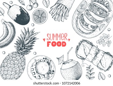 Summer food vector illustration. Variety food sketch collection. Top view engraved illustration.
