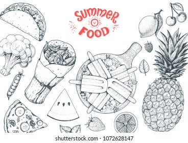 Summer food vector illustration. Variety food sketch collection. Top view engraved illustration.