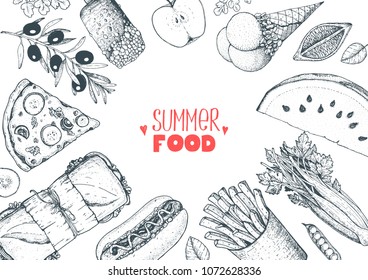 Summer food vector illustration. Variety food sketch collection. Top view engraved illustration.