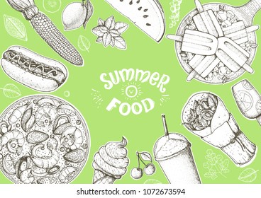 Summer food vector illustration. Variety food sketch collection. Top view engraved illustration.