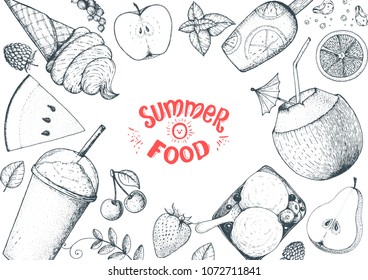 Summer food vector illustration. Variety food sketch collection. Top view engraved illustration.