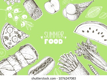 Summer food vector illustration. Variety food sketch collection. Top view engraved illustration.