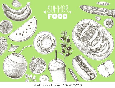 Summer food vector illustration. Variety food sketch collection. Top view engraved illustration.