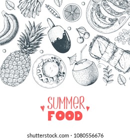 Summer food vector illustration. Variety food sketch collection. Top view engraved illustration. Food design elements.