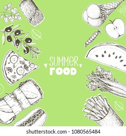 Summer food vector illustration. Variety food sketch collection. Top view engraved illustration. Food design elements.
