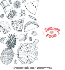 Summer food vector illustration. Variety food sketch collection. Top view engraved illustration. Food design elements.