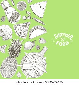 Summer food vector illustration. Variety food sketch collection. Top view engraved illustration. Food design elements.
