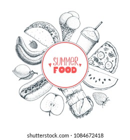 Summer food vector illustration. Variety food sketch collection. Top view engraved illustration. Food design elements. Circle label.