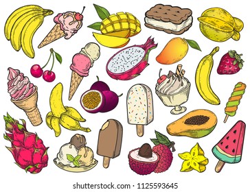 Summer food vector set. Sweet dessert and fruit collection. Illustration of ice cream, popsicle, banana, mango, berry, papaya, dragon fruit, and other ingredients.