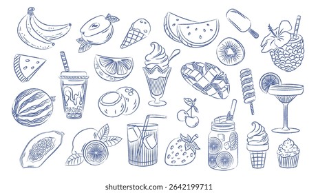 Summer food vintage set. Pen drawn outlines of edible elements. Vector retro elements, tropical fruits, ice cream