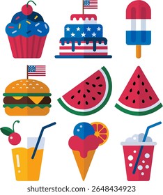 Summer foods and drinks set. Watermelon, burger, popsicle, cupcake, lemonade, ice cream cone, juice, soda cup, flag picks. Bright USA holiday picnic snack illustration
