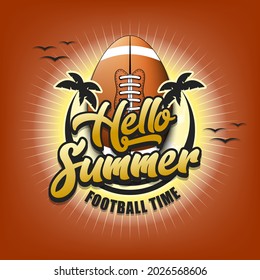 Summer football logo. Hello summer. Football time. Pattern for design poster, logo, emblem, label, banner, icon. Football template on isolated background. Vector illustration