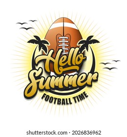 Summer football logo. Hello summer. Football time. Pattern for design poster, logo, emblem, label, banner, icon. Football template on isolated background. Vector illustration