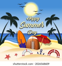 Summer football poster. Happy summer day. Pattern for design poster, logo, emblem, label, banner, icon. Football template on isolated background. Vector illustration