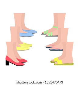 Summer footwear side view. Feet in shoes. Women stand opposite. Vector illustration