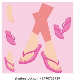 Summer footwear side view. Feet in shoes. shoes fashion women. Summer flip flops. Vector colorful flip flops, Vector illustration.