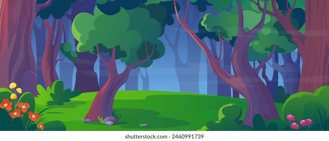 Summer forest background banner in cartoon design. Nature woodland landscape with green foliage trees, grass meadow with wild blooming flowers, lush bushes and mystic fog. Vector cartoon illustration