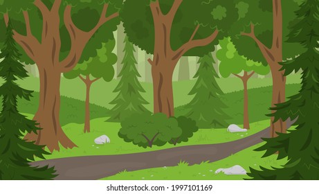 Summer forest background with trees, fir trees and bushes. Concept vector illustration. Perfect for background, wallpaper, poster or banner.