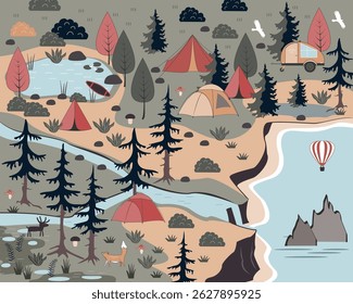 Summer Forest Camping Adventure mat background. Camping landscape vector illustration.