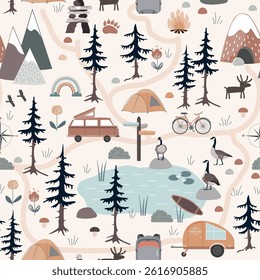 Summer Forest Camping Adventure, seamless pattern. Camping landscape vector background