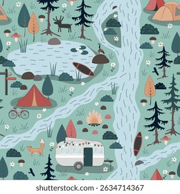 Summer Forest Camping Adventure, seamless pattern. Camping landscape vector background.