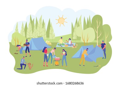 Summer Forest Camping Background with Diverse People Cartoon Characters Resting on Nature. Forest Landscape with Friends make Fire, Pitch Tents and have Picnic Outdoors. Flat Vector Illustration.